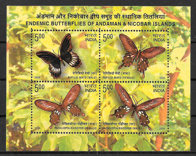 filatelia colección mariposas India 2008