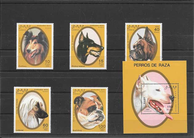 Filatelia sellos serie y hojita de perros.