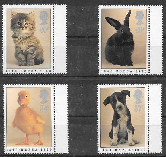 sellos gatos y perros Gran Bretana 1990