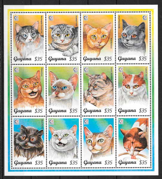 filatelia colección gatos y perros Guyana 1995