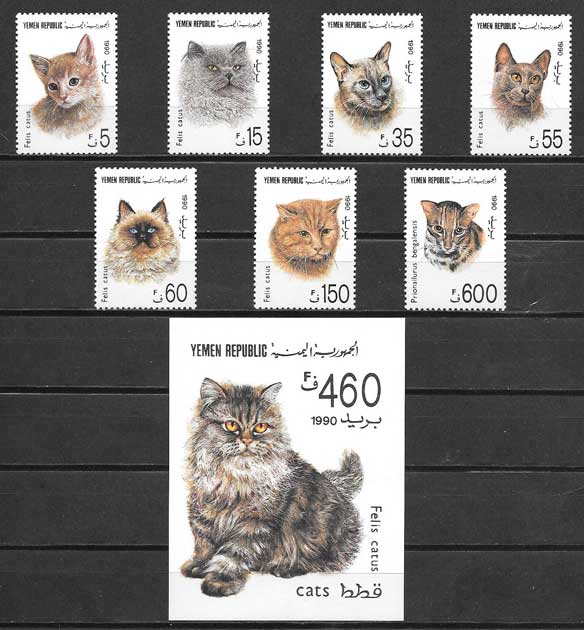 sellos gatos Yemen 1990