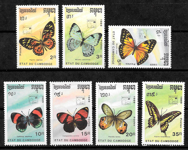sellos mariposas Camboya 1989