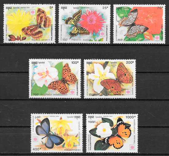 filatelia mariposas Camboya 1991
