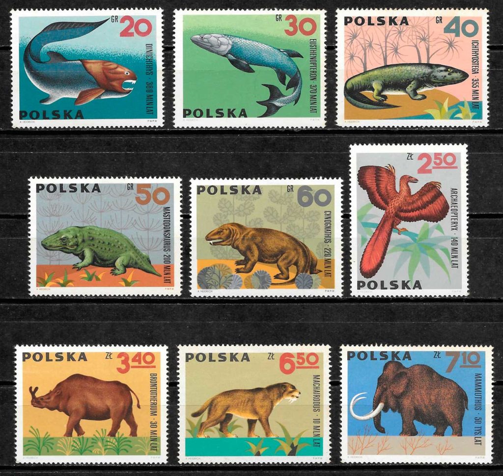 filatelia fauna prehistorica Polonia 1966
