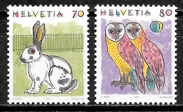 coleccion sellos fauna Suiza 1991